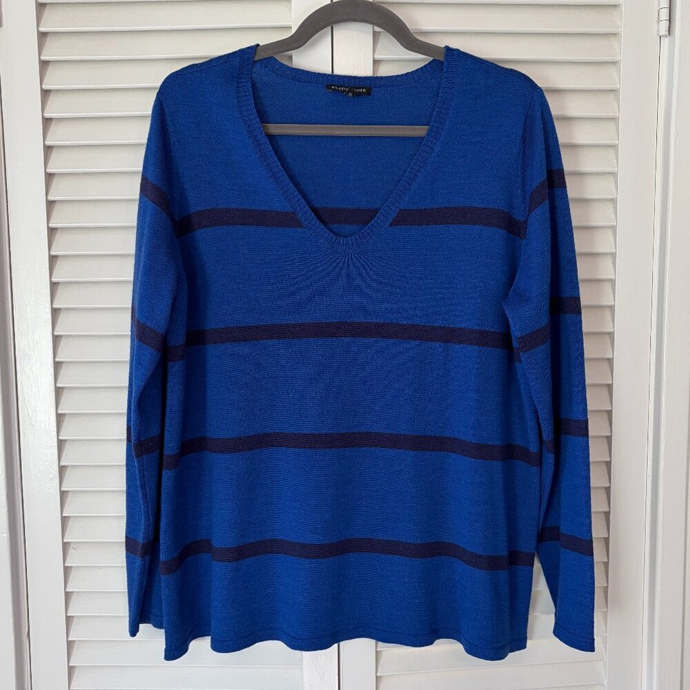 Eileen Fisher sweater large blue striped merino wool v-neck EUC